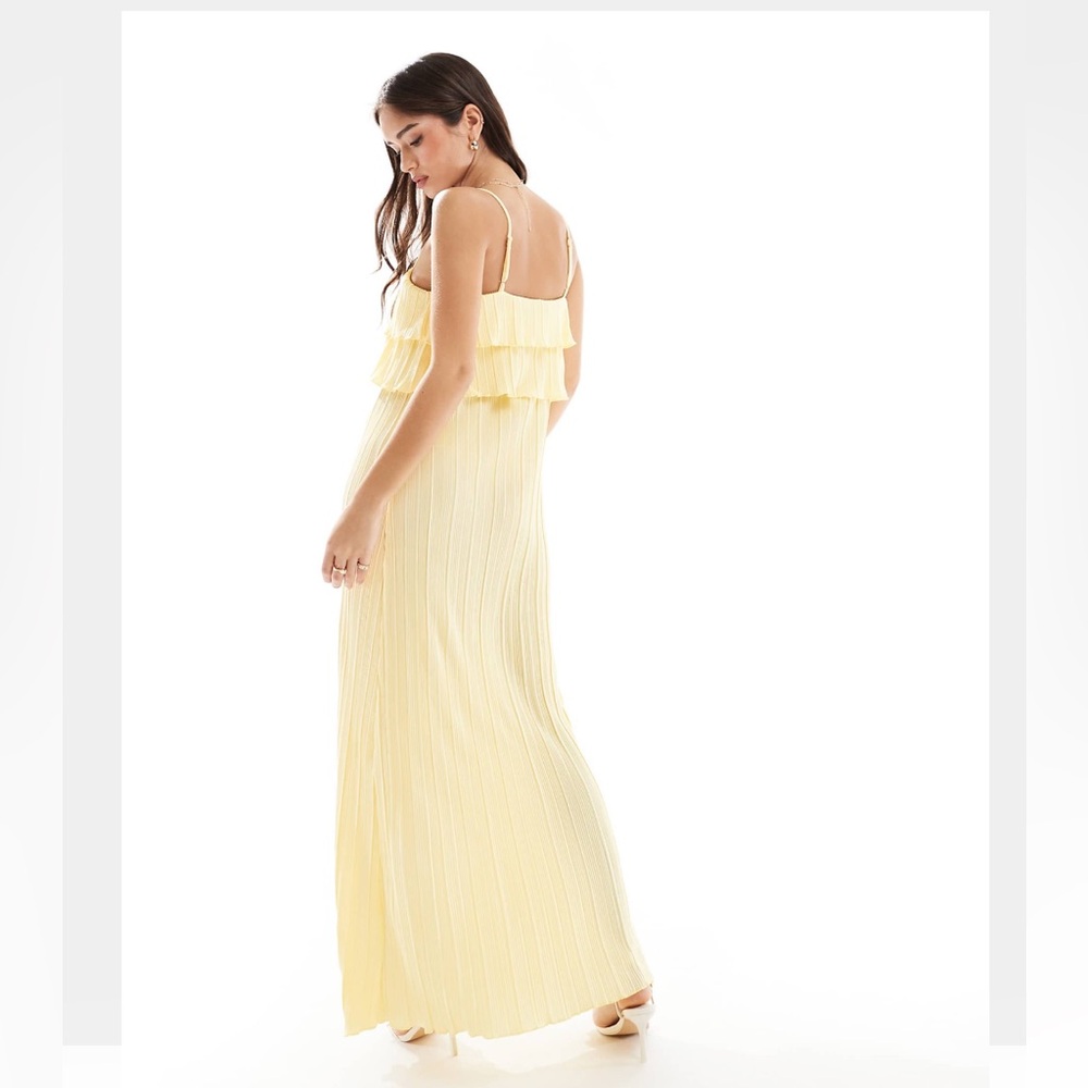 Butter Yellow Cami Dress with Tiered Ruffle Top Detail in Lemon Pieces Plisse - Picture 2 of 5